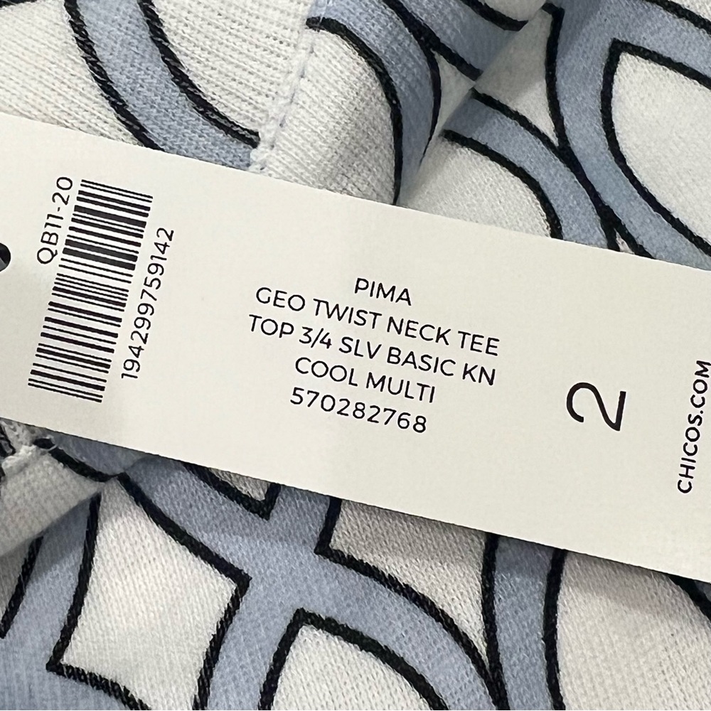 NEW Chico’s Pima Cotton Geo Twist Tee Top Large White Blue Convertible Blouse - Picture 8 of 10
